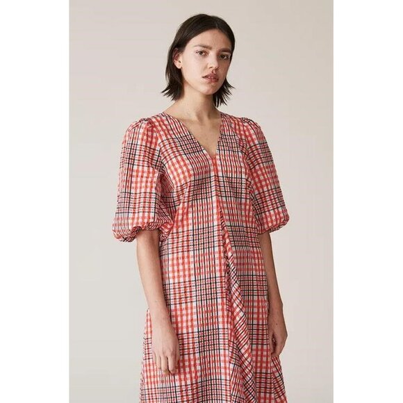GANNI Women's Checked Cotton-Blend Seersucker Maxi Dress Size 34 In Red - Picture 2 of 8
